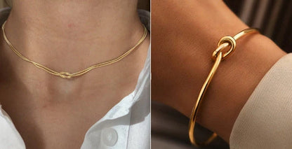 Stainless steel Valentine's Day knot snake chain necklace and hand-knotted bracelet set