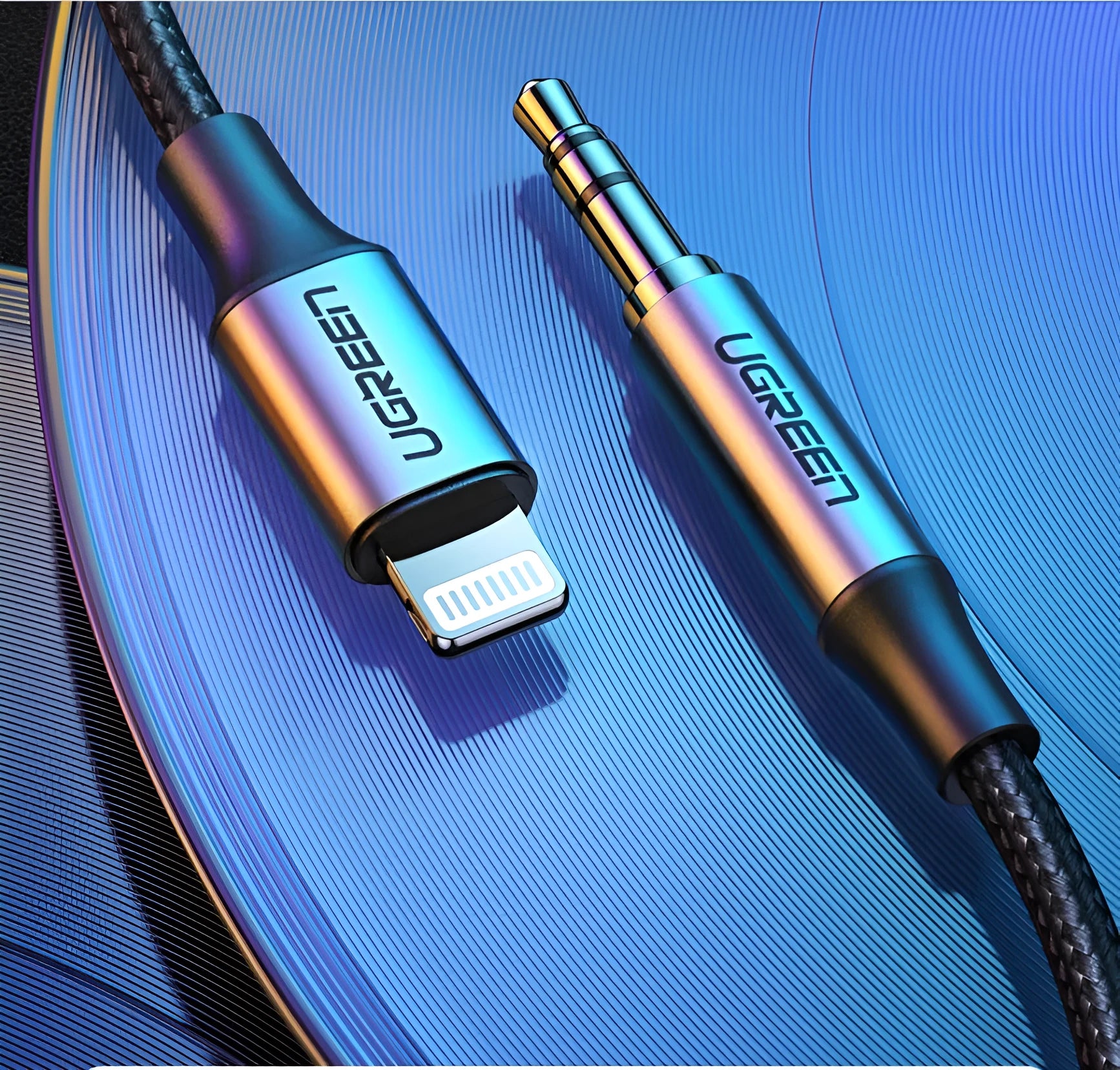 Black Apple Lightning to 3.5mm audio cable for car adapter with shiny silk braid thread