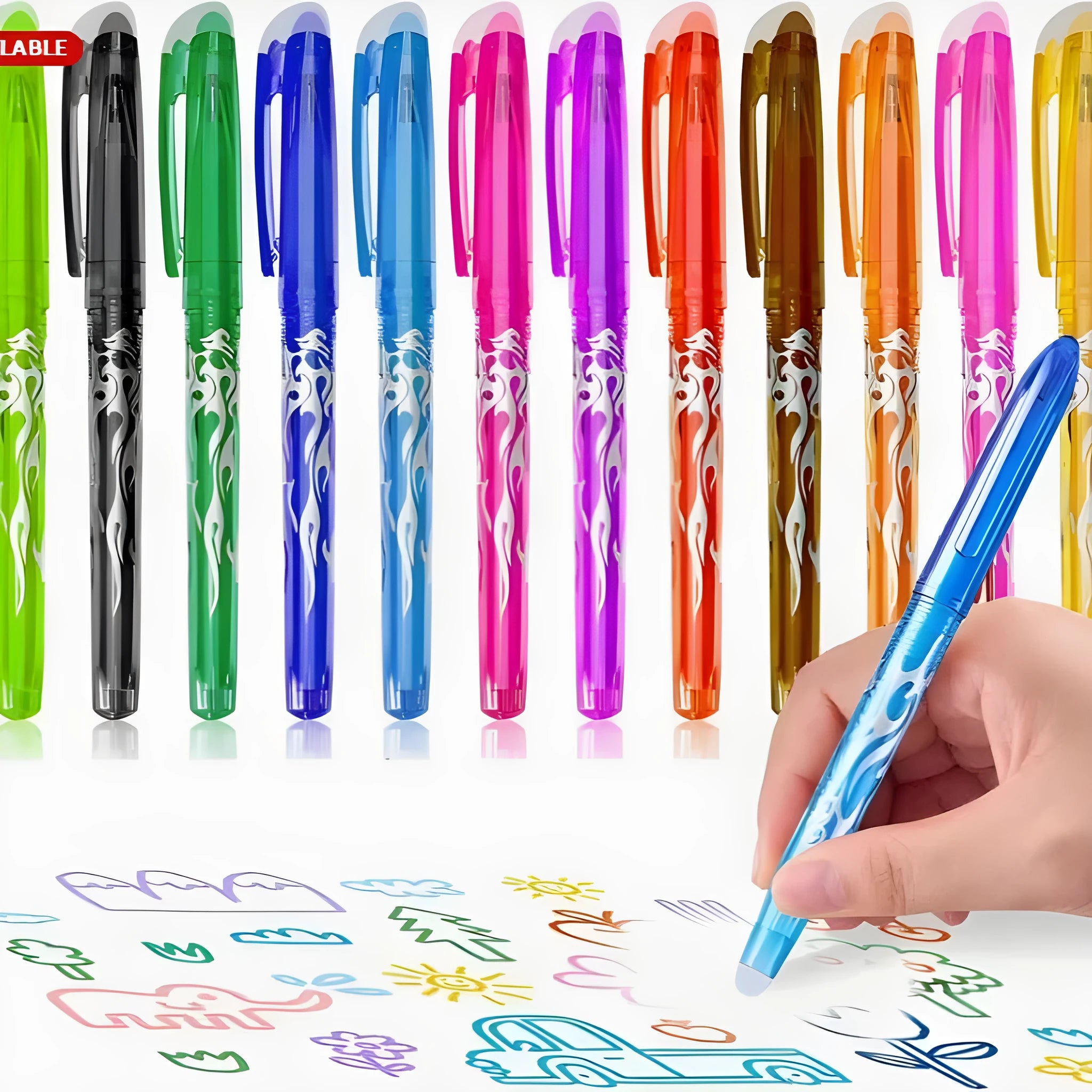 Hot erasable gel pen set with choice of 0.5mm or 0.7mm tip, showing plastic body and stainless steel nib.