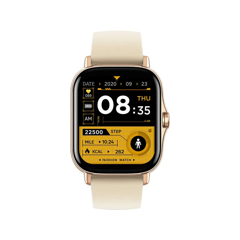 GT20 black smartwatch showing heart rate reading on its 1.75-inch screen.