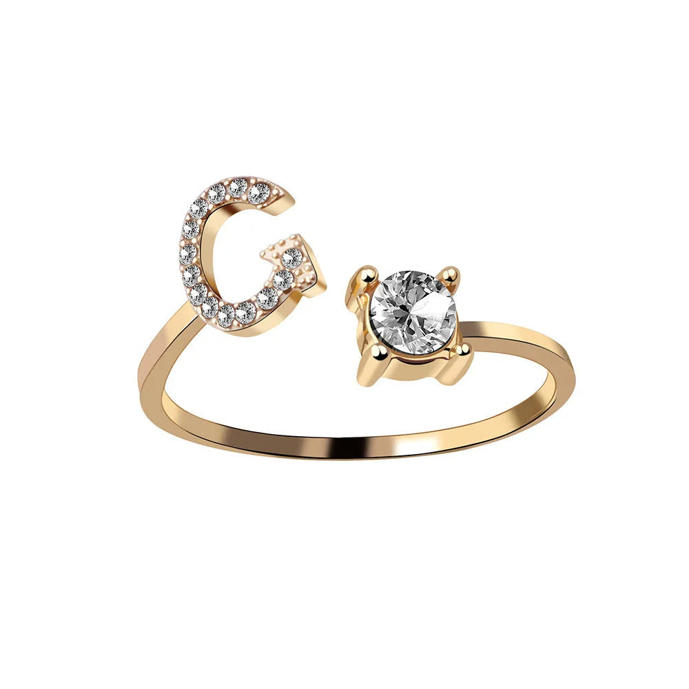 Elegant 26-letter adjustable initial ring in gold, silver, and rose gold finishes