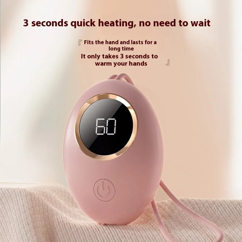 USB rechargeable hand warmer with digital display shown in pink, blue, green, and white colour options.
