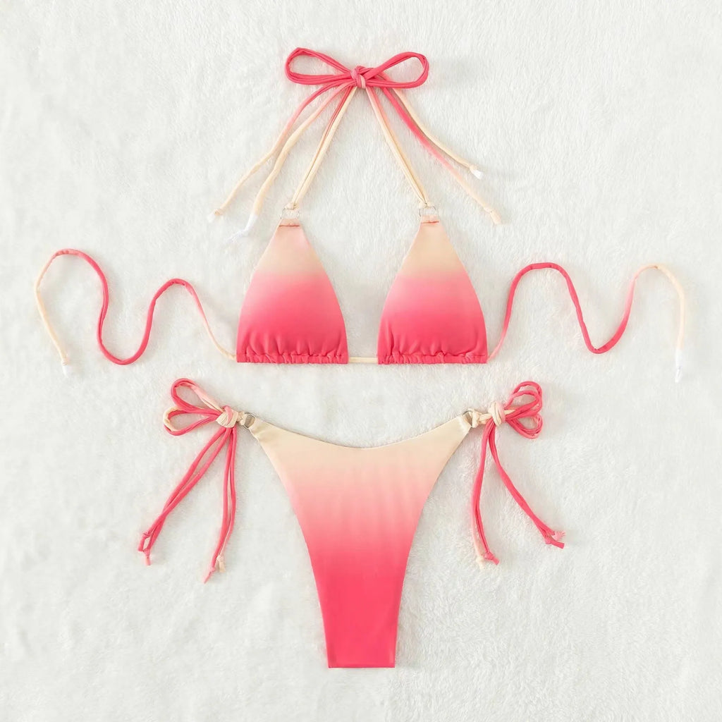 Women's gradient colour bikini swimwear set with separated top and briefs in high elasticity fabric