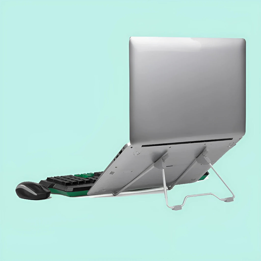 Grey aluminium and plastic mobile phone and laptop stand on a wooden desk.