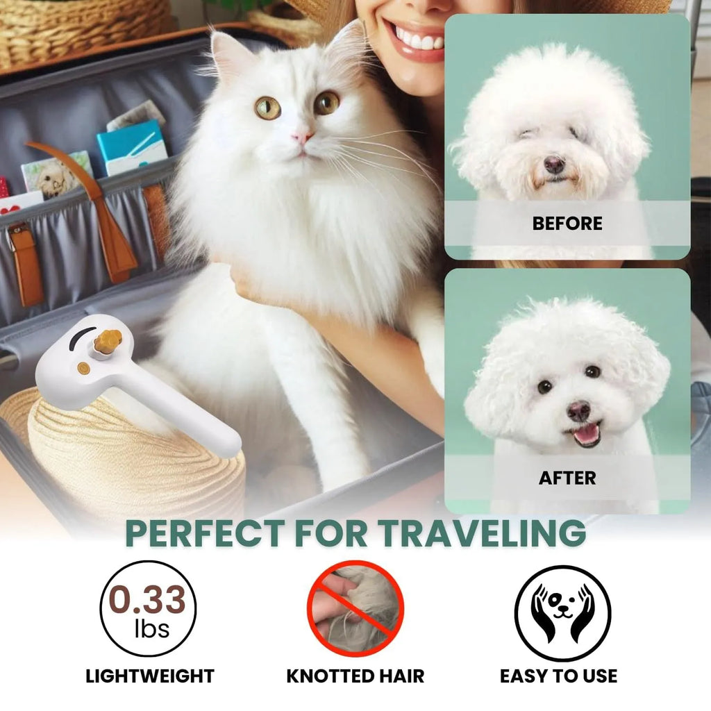 White pet grooming brush with steam spray function and self-cleaning mechanism for dogs and cats