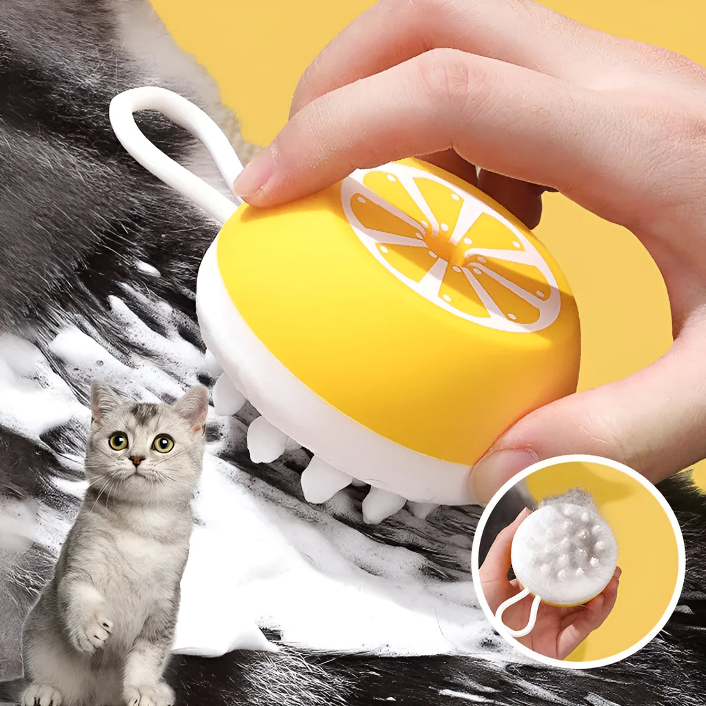 Yellow silicone pet bath brush and massage comb with 3D massage head on a blue background.