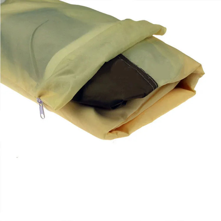 Beige polyester barbecue hood cover shown draped, illustrating its Nordic style and size for outdoor oven protection.