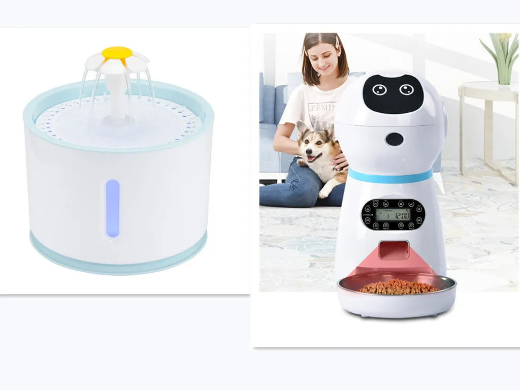 White automatic pet feeder with removable grain barrel and metal food tray, infrared anti-feeding prevention