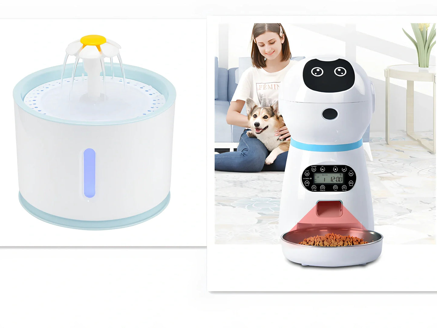 White automatic pet feeder with removable grain barrel and metal tray, infrared sensor for 5g dry food portions