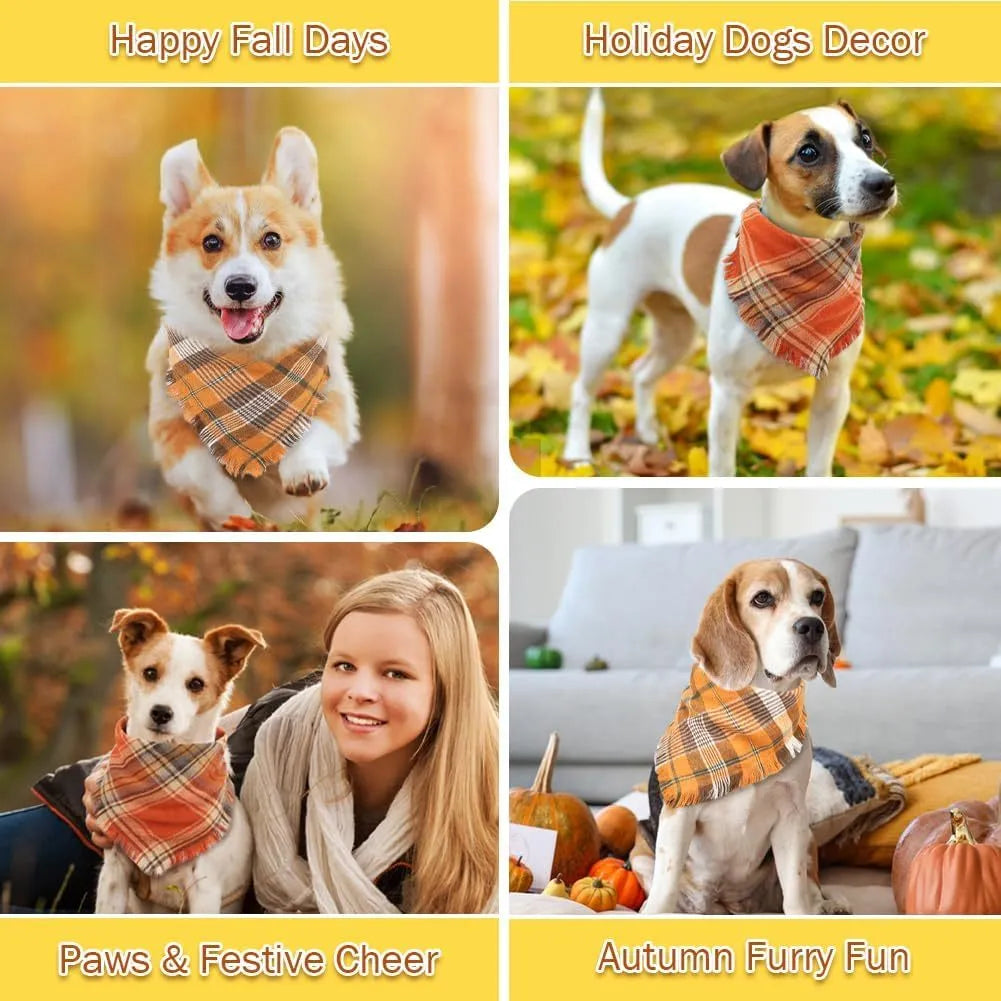 Classic plaid dog bandana with tassel edges in autumn colours on canine