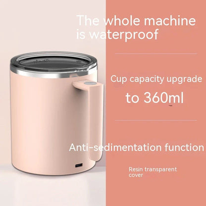 Stainless steel self-stirring coffee mug with rechargeable battery, available in white, pink, black, and macaron milky white colors