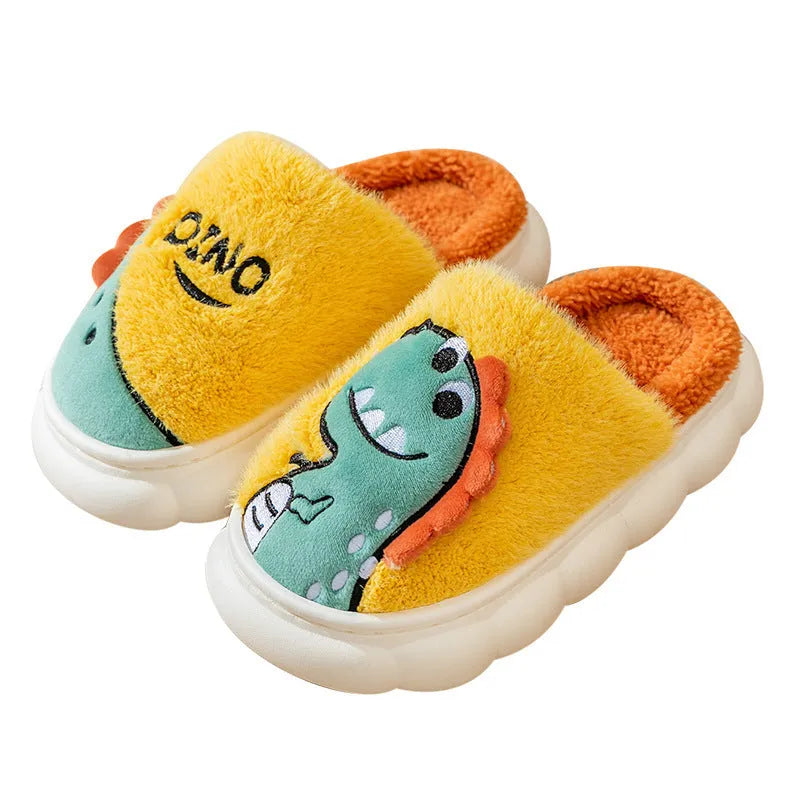 A pair of plush, thickened couple slippers in a dinosaur pattern, shown in grey, coffee, or orange yellow.
