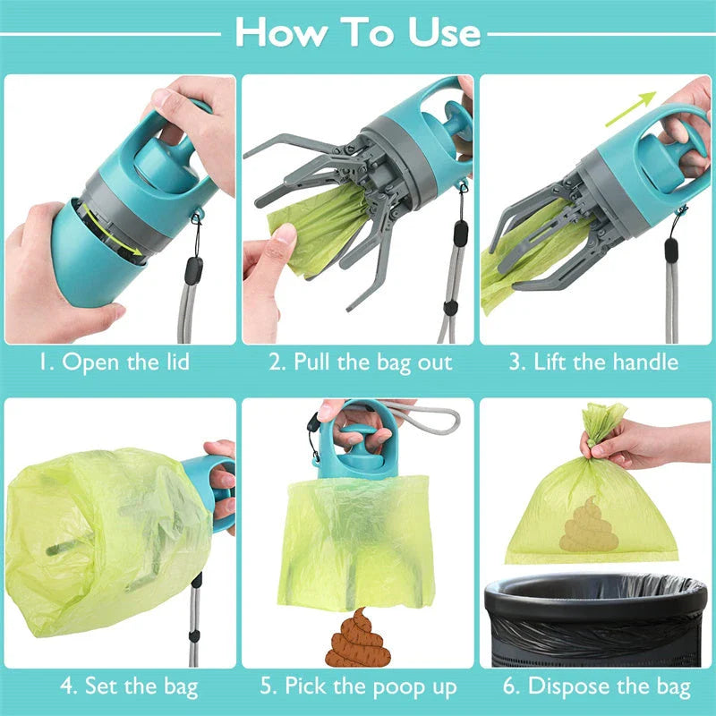 Portable dog poop scooper with claw mechanism and built-in bag dispenser for easy pet waste cleanup
