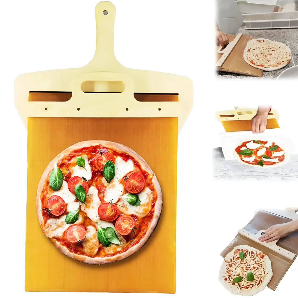 Natural wood pizza transfer shovel measuring 55cm with hanging hole for storage