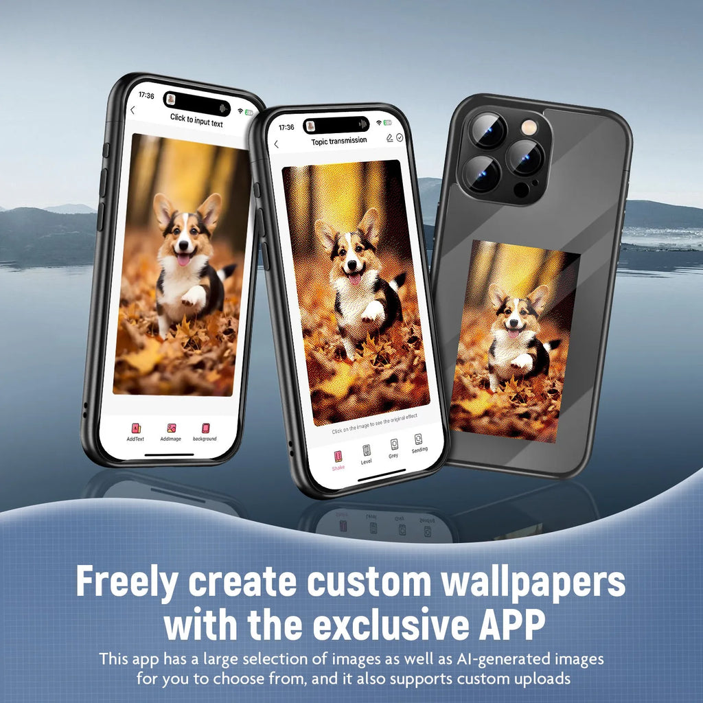 Black plastic flip phone case for iPhone 15 Pro with visible NFC chip and blank ink screen panel for DIY designs.