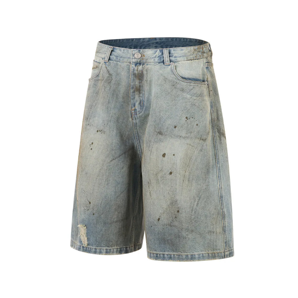 Men's washed blue cropped denim pants with straight leg and zipper fly