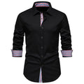 Men's loose-fitting plaid long-sleeved casual shirt in wine red, hanging on a background.