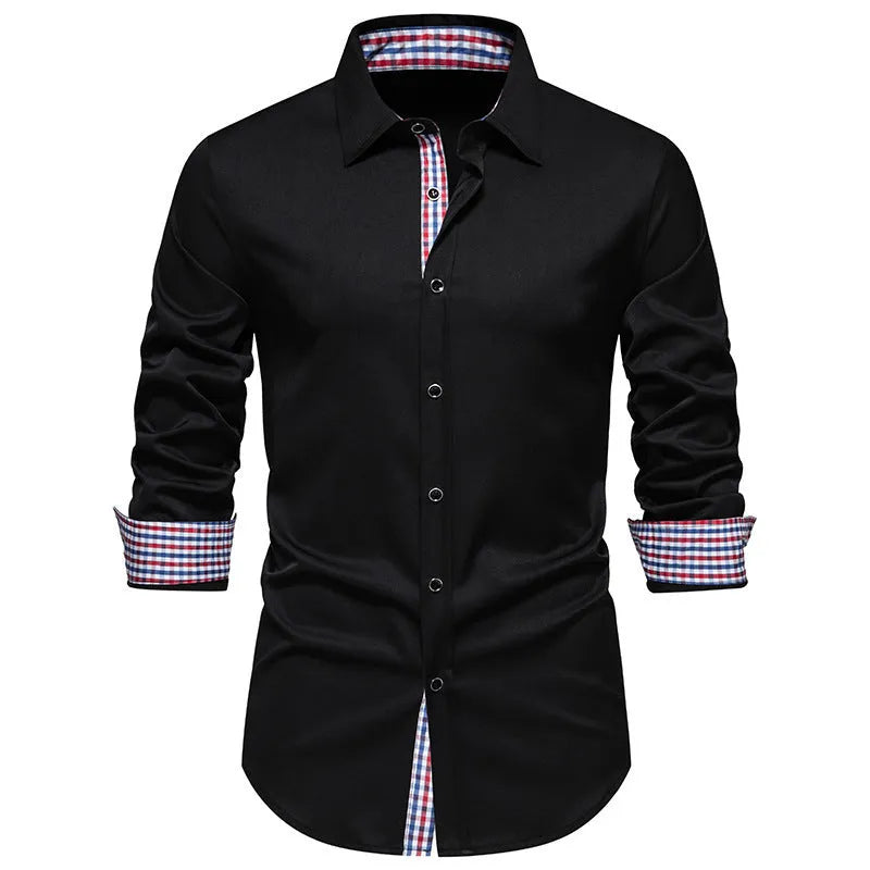 Men's loose-fitting plaid long-sleeved casual shirt in wine red, hanging on a background.