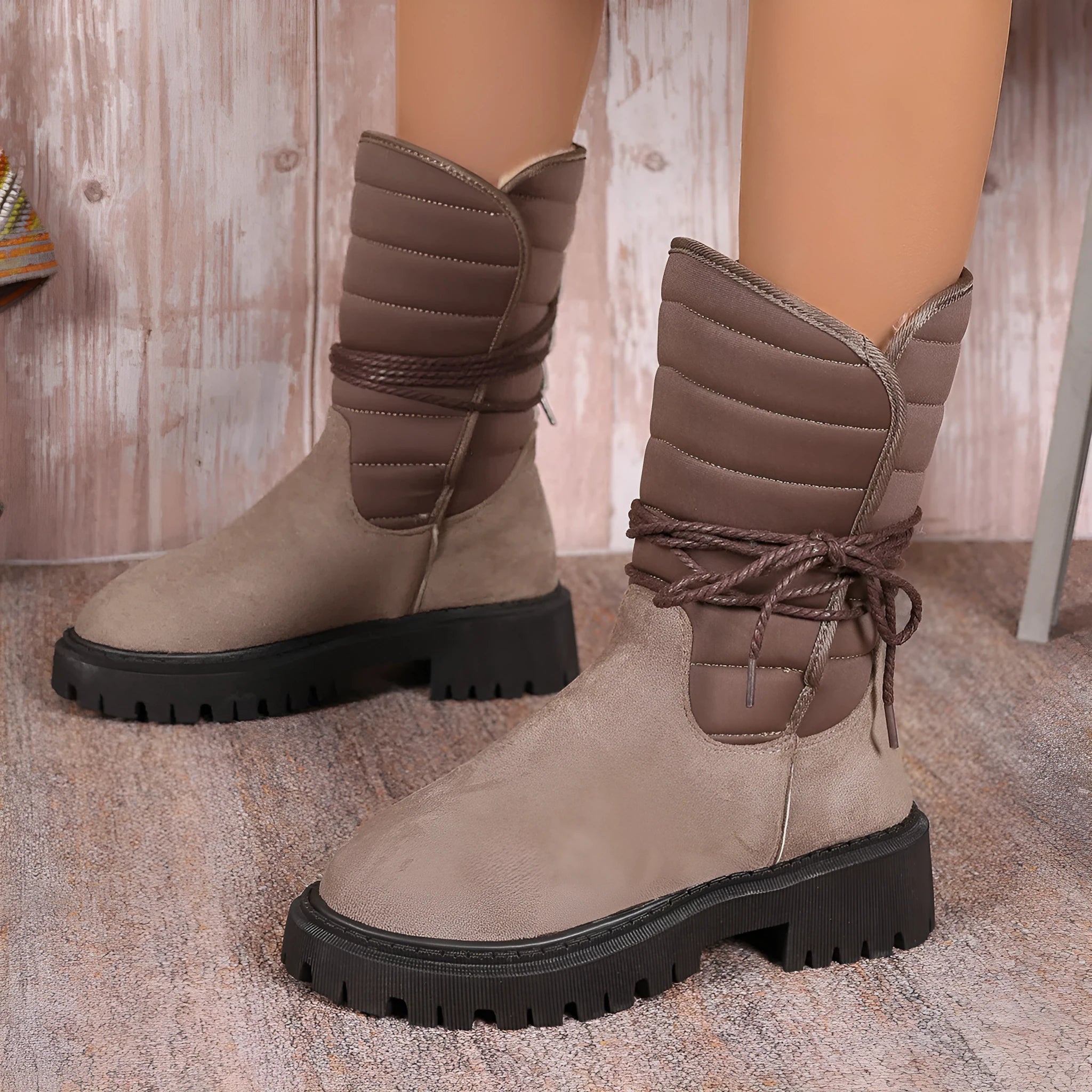 Black women's chunky heel snow boots with lace-up design and suede upper on a rubber sole
