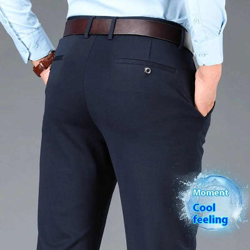 Men's black straight-leg suit trousers with an elastic waistband on a hanger.