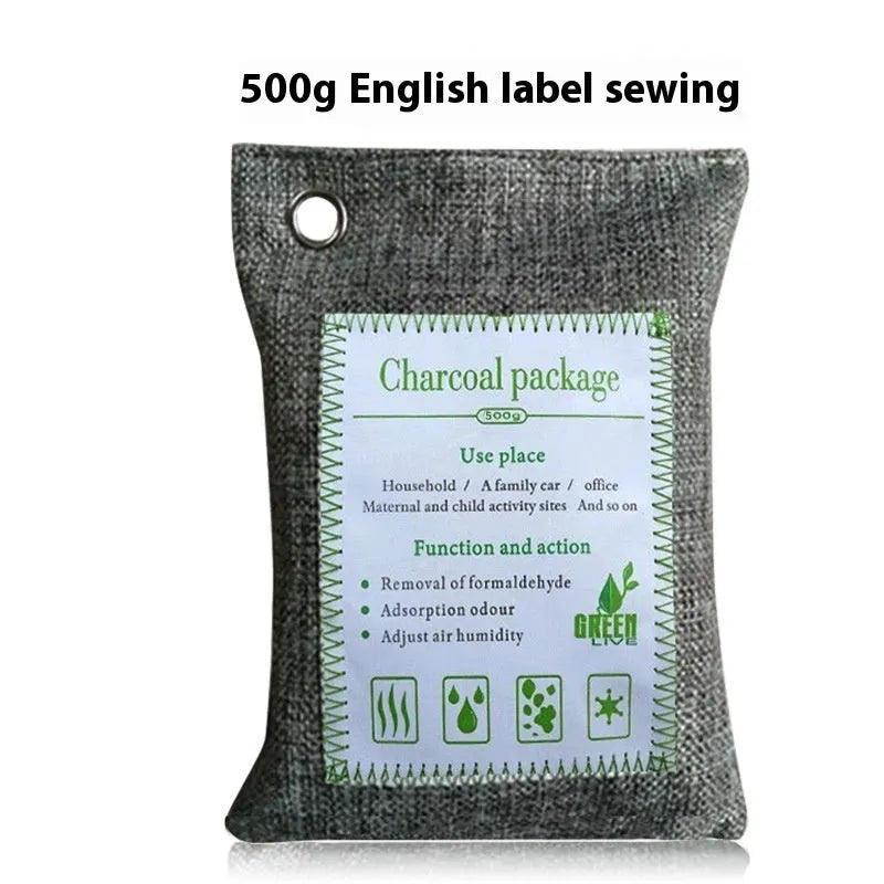 Sewn fabric packets of bamboo charcoal wrapped activated carbon for household formaldehyde removal.