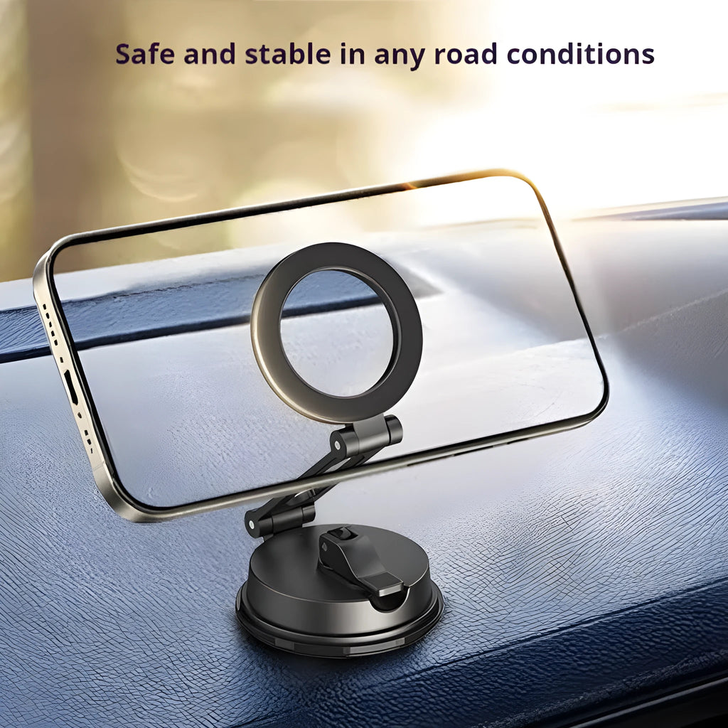 Black car magnetic phone holder with suction cup mount for vehicle windscreen or dashboard attachment