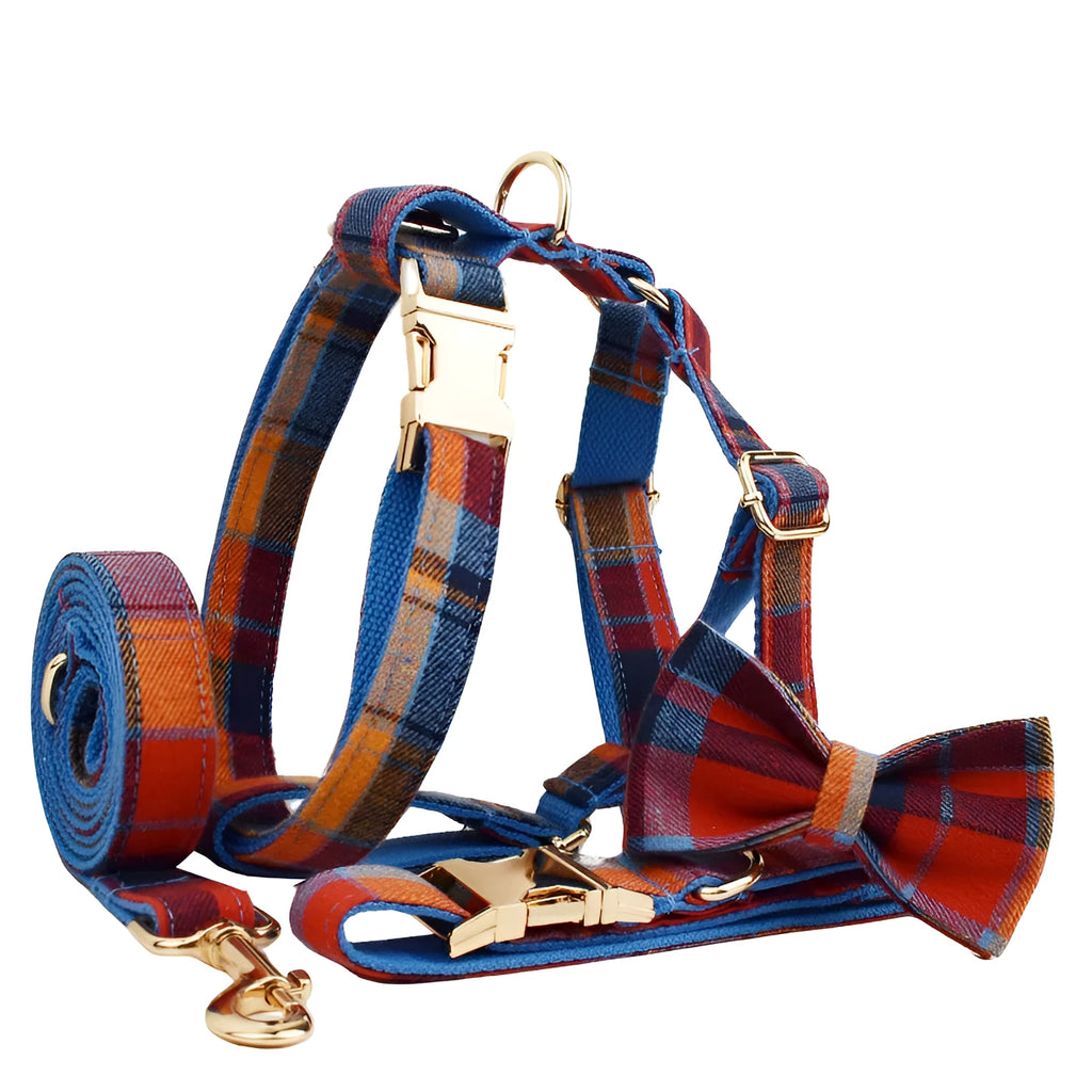 Four-piece dog accessory set with fabric collar, matching lead, decorative bow tie, and coordinating vest