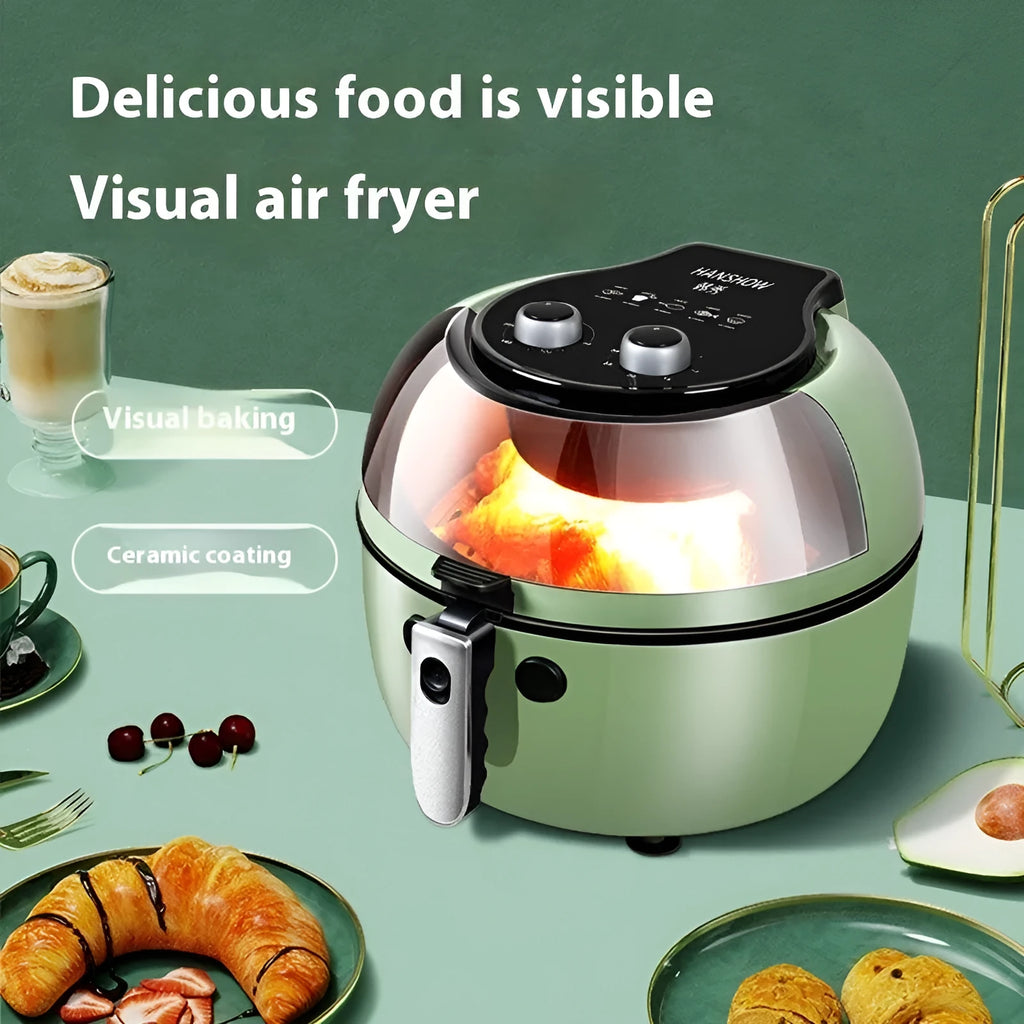 8 litre capacity air fryer oven with visible window and mechanical control buttons