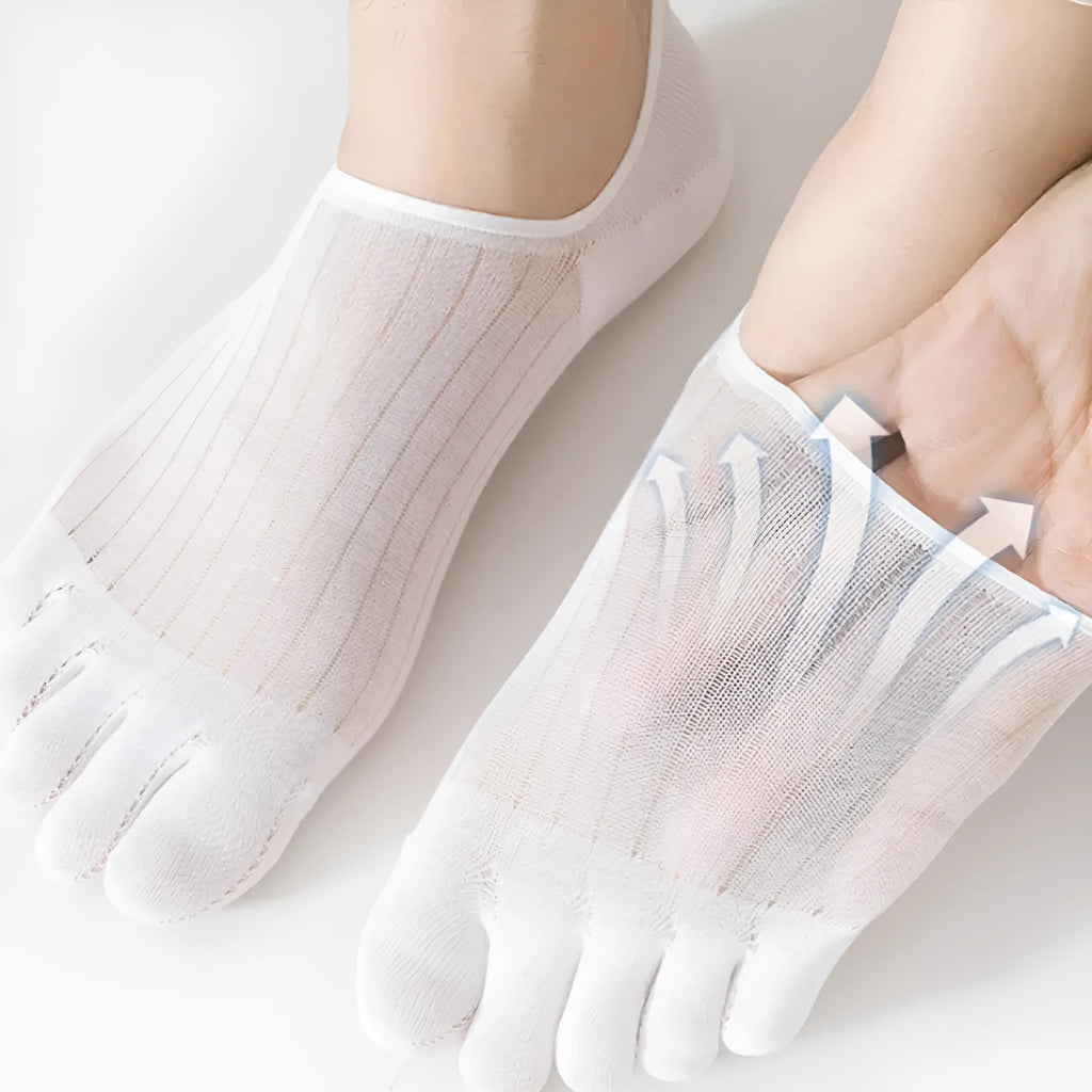 Modal cotton five-finger boat socks in black colour showing ultra-thin construction and toe separation.