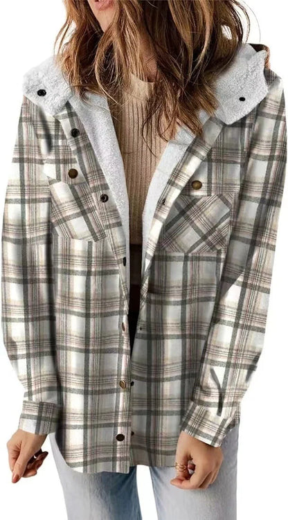 Casual plaid hooded woolen coat with fleece lining in various colours