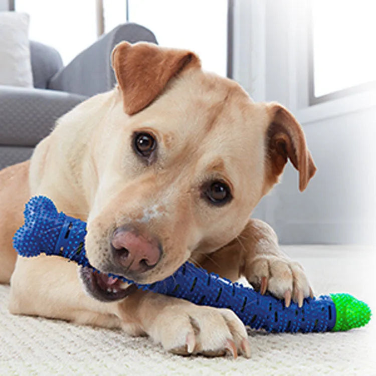 Blue green silicone dog dental cleaning stick toy with brush head design and massage nodules
