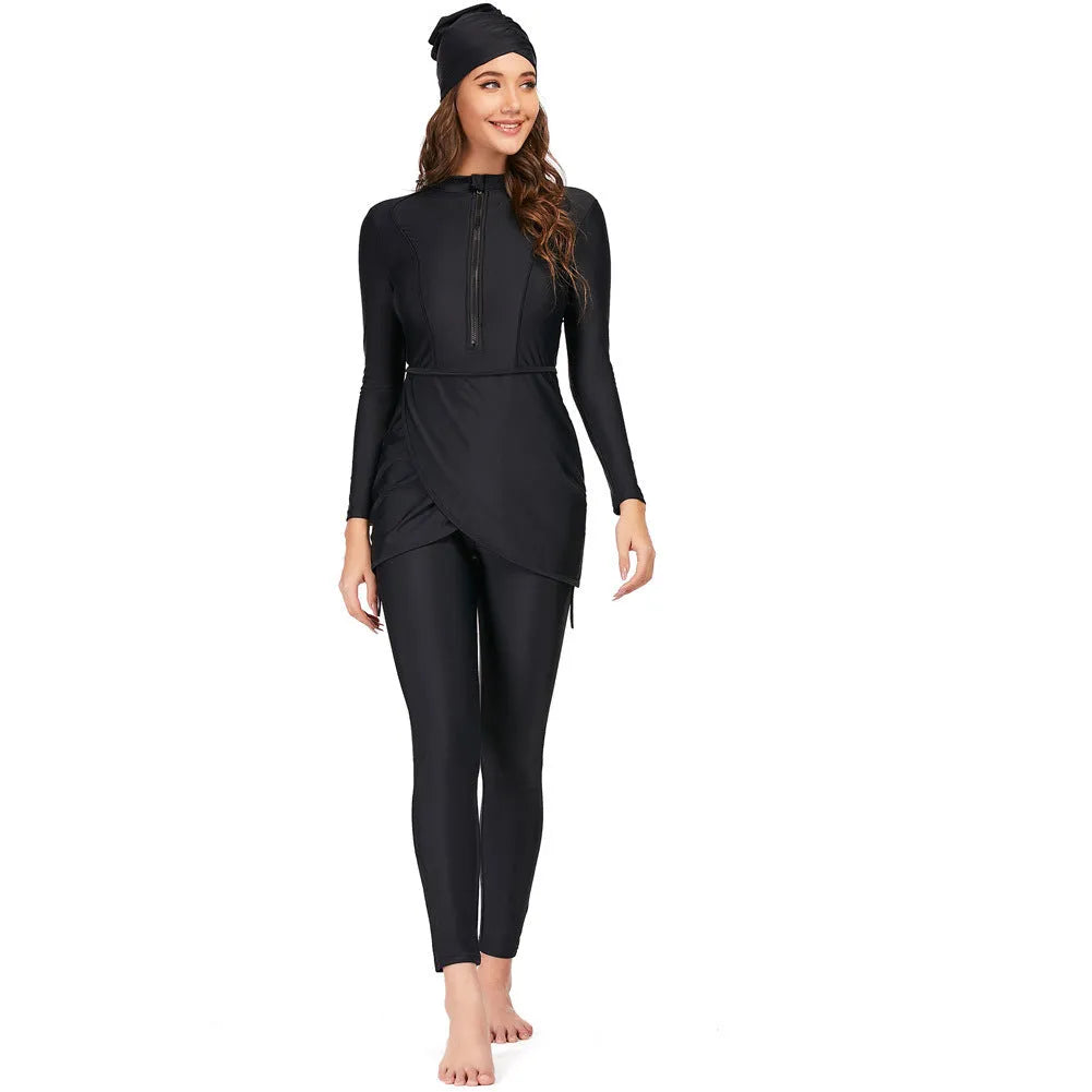 Black conservative ladies swimsuit with full coverage design and quick-dry fabric
