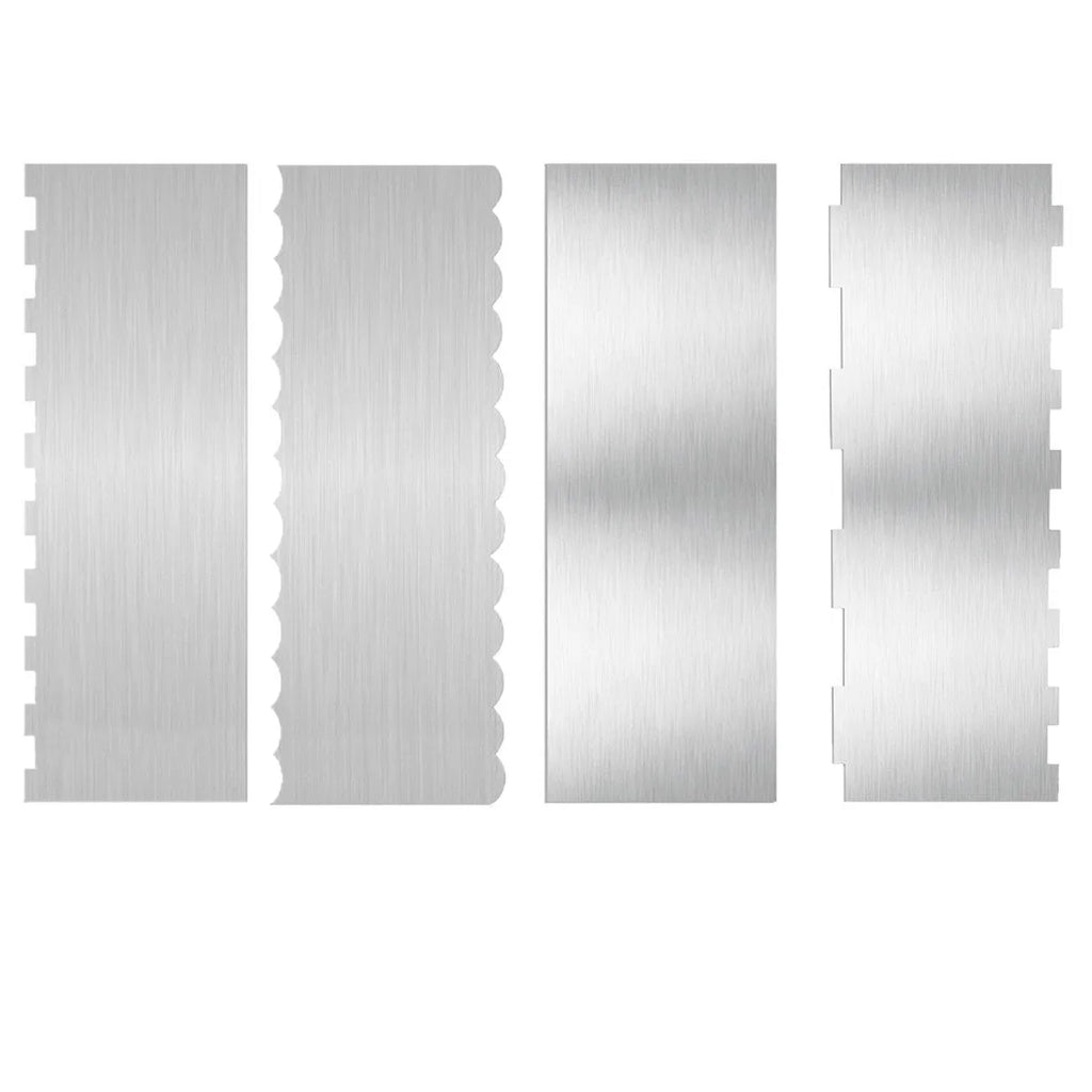Stainless steel cream scraper with polygon cake patterns in six style variations