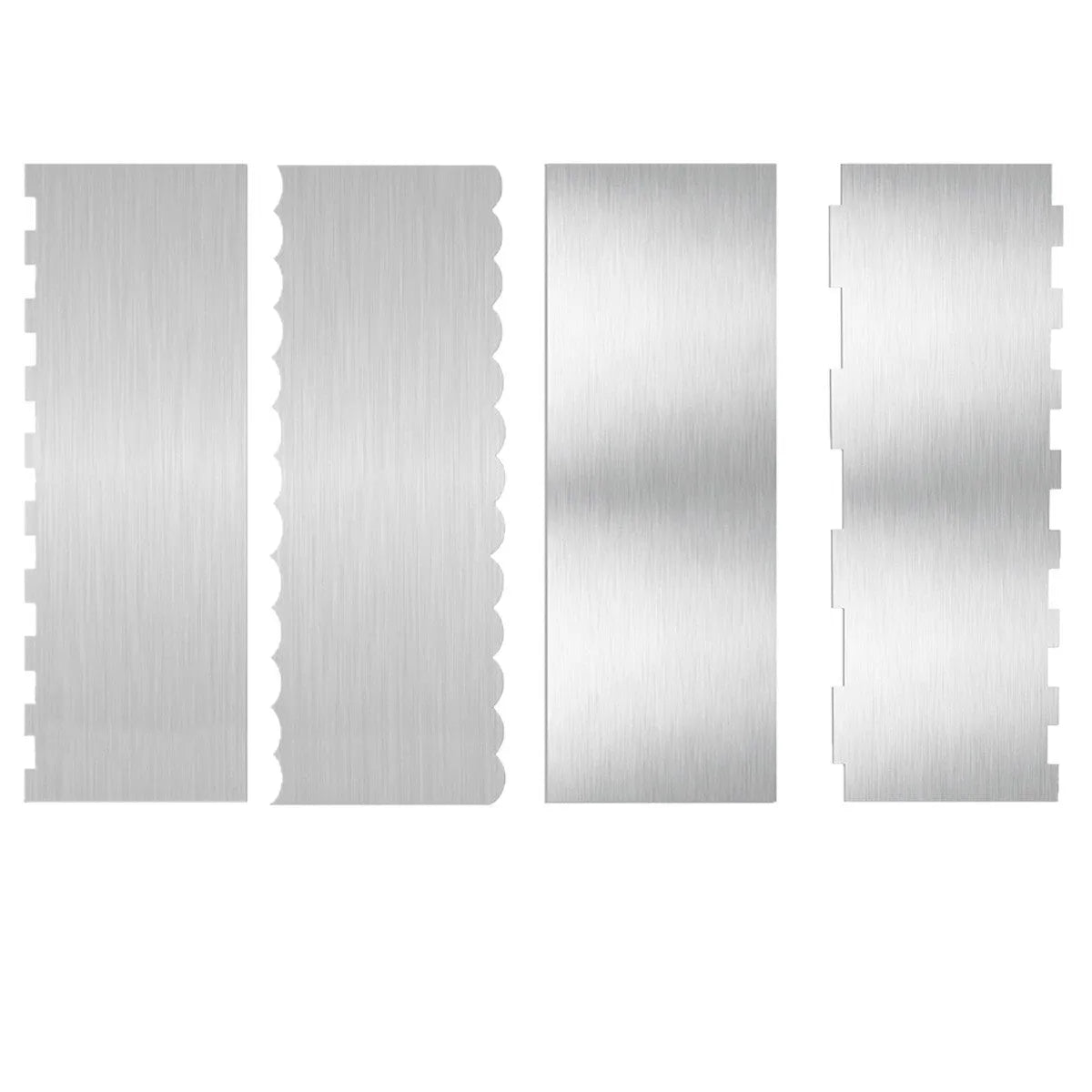 Stainless steel cream scraper with polygon cake patterns in six style variations