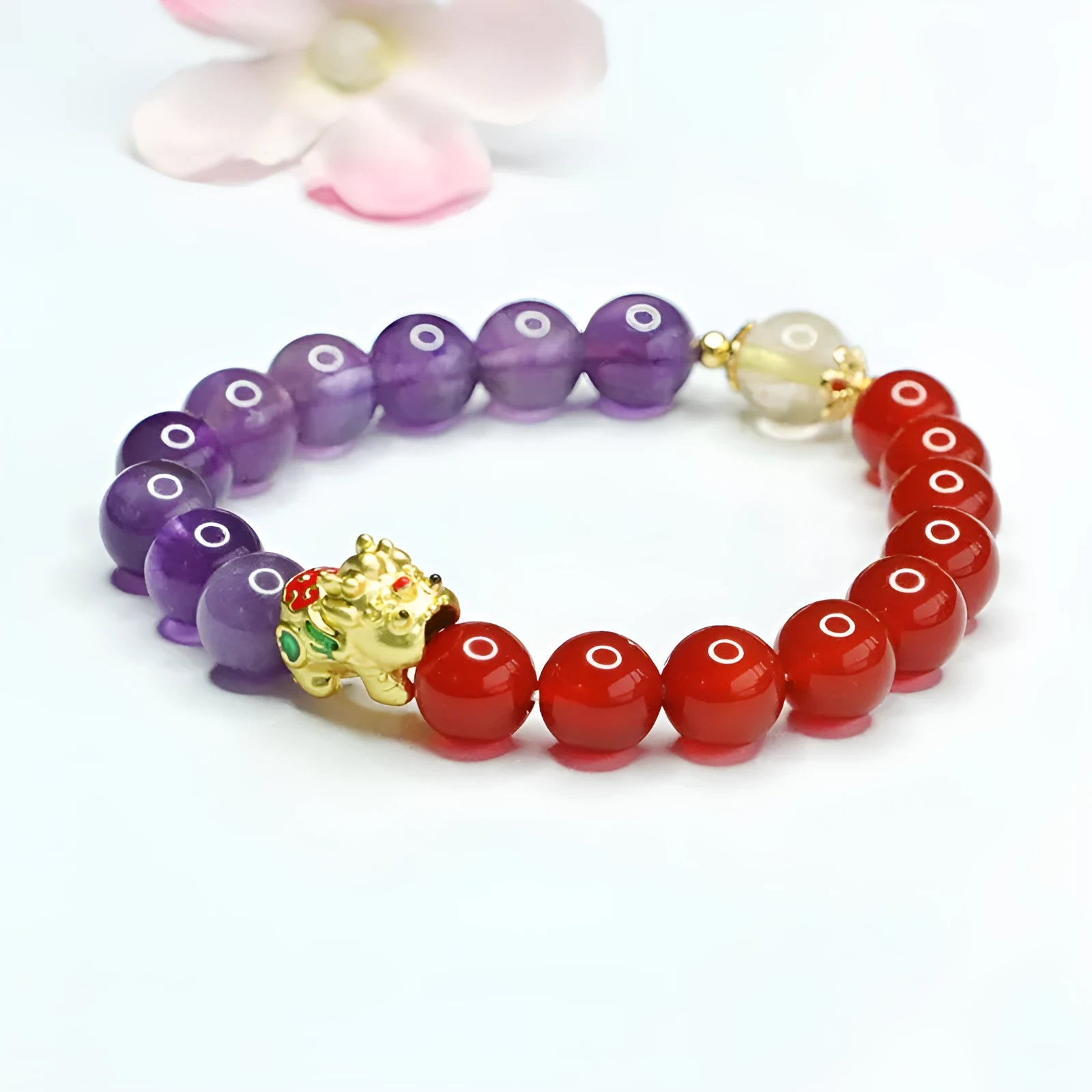 Amethyst and red agate Chinese style bracelet with 8mm round beads on an elastic string.