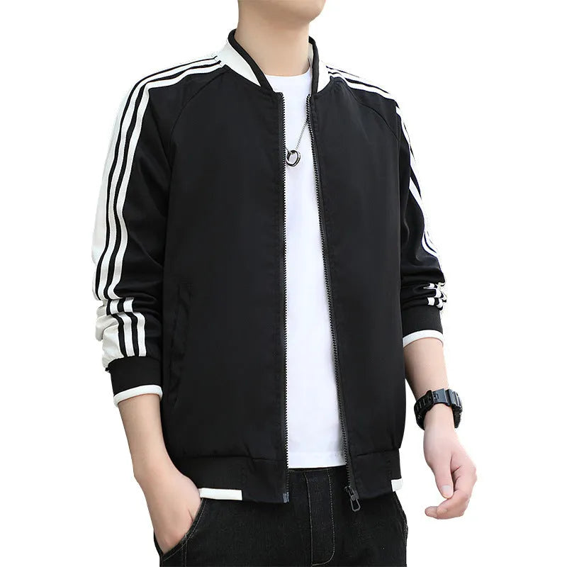 Men's plus size Korean style fitted stand collar long sleeve plain polyester casual jacket in green
