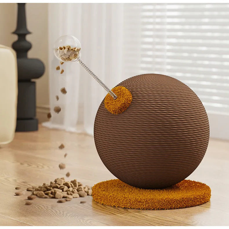 Hemp rope cat scratching board with integrated tumbling ball in large and small sizes.