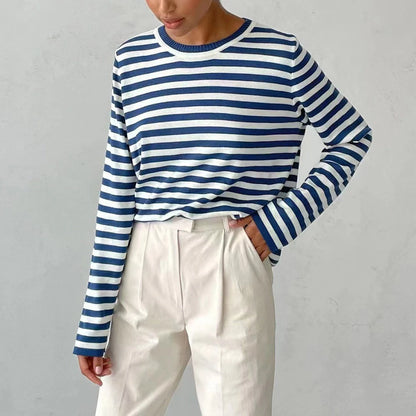 Women's knitted striped long sleeve sweater in various colours