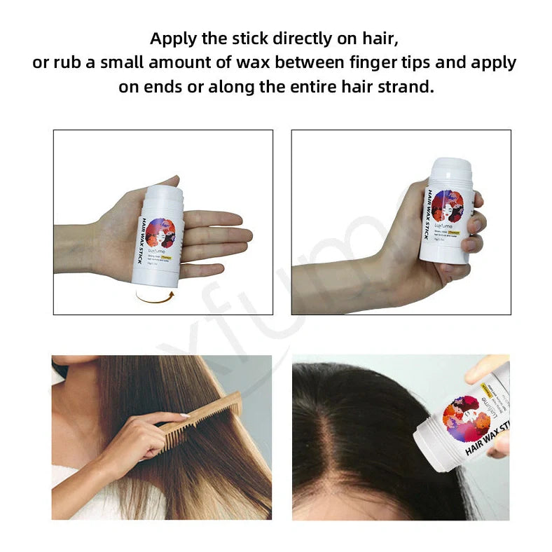 Cream styling hair wax stick in solid format with pineapple and coconut scent options for frizz control