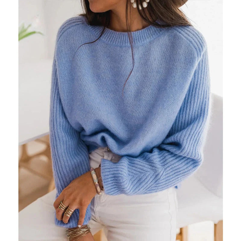 Milk blue Bedford cord sweater with round collar and long sleeves, perfect for casual wear.