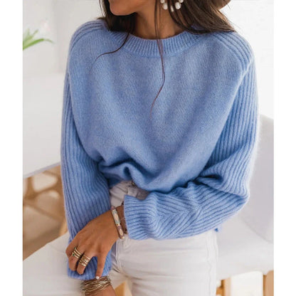 Milk blue Bedford cord sweater with round collar and long sleeves, perfect for casual wear.