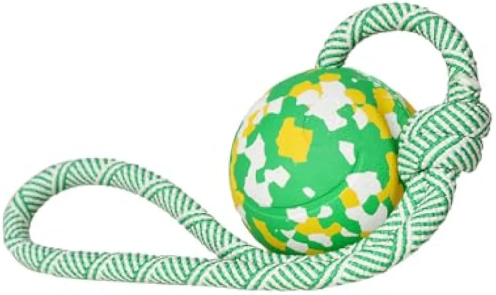 Natural rubber dog ball toy with a blue nylon rope attached for fetch and tug games.