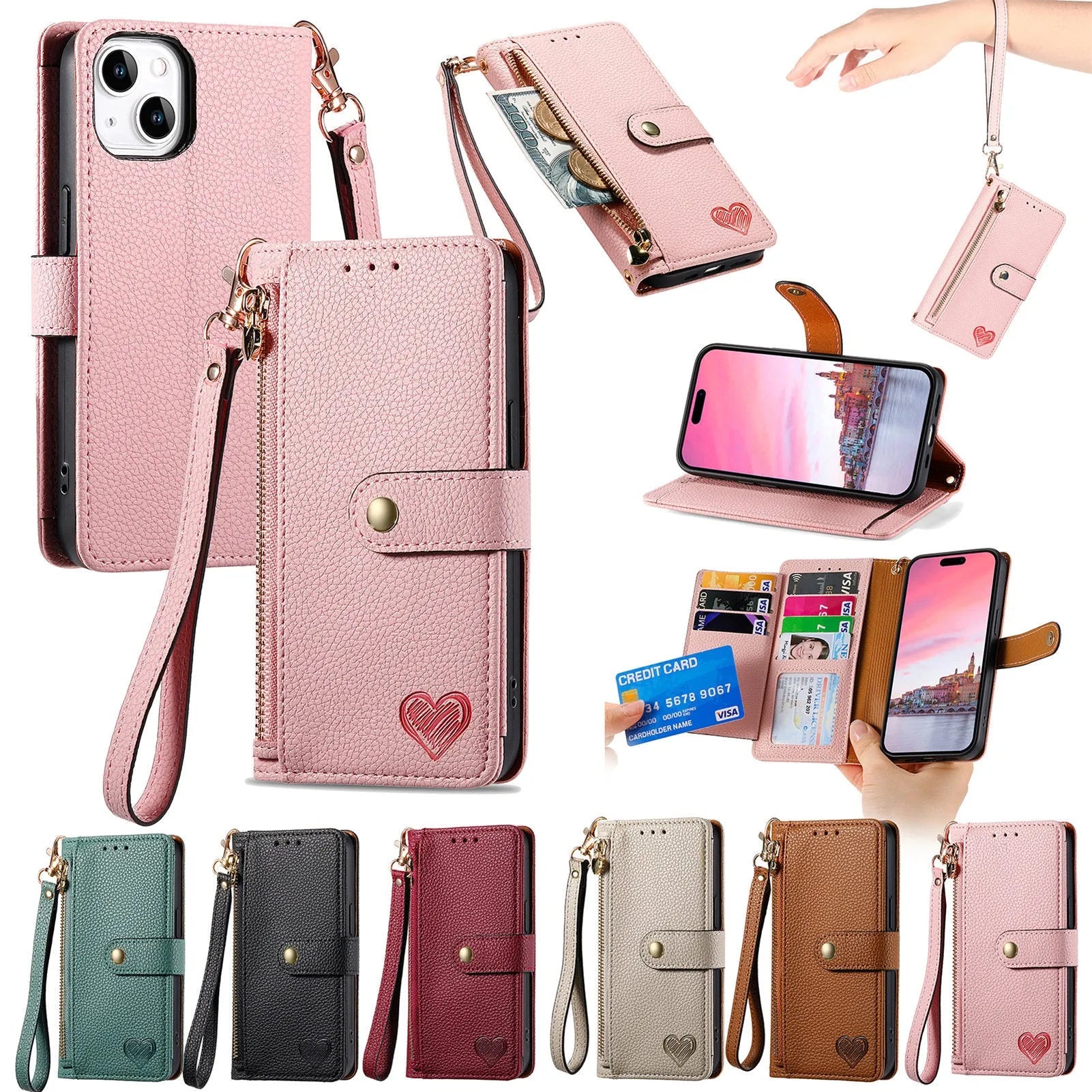 Pink PU leather litchi pattern RFID anti-theft lanyard phone case for iPhone with short lanyard and kickstand