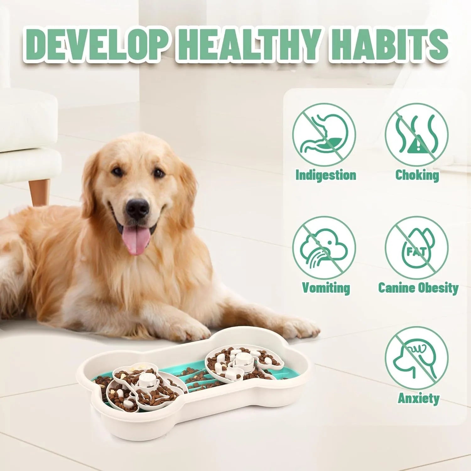Large green slow feeder dog bowl with three rotating puzzle trays and anti-slip suction cups on base.
