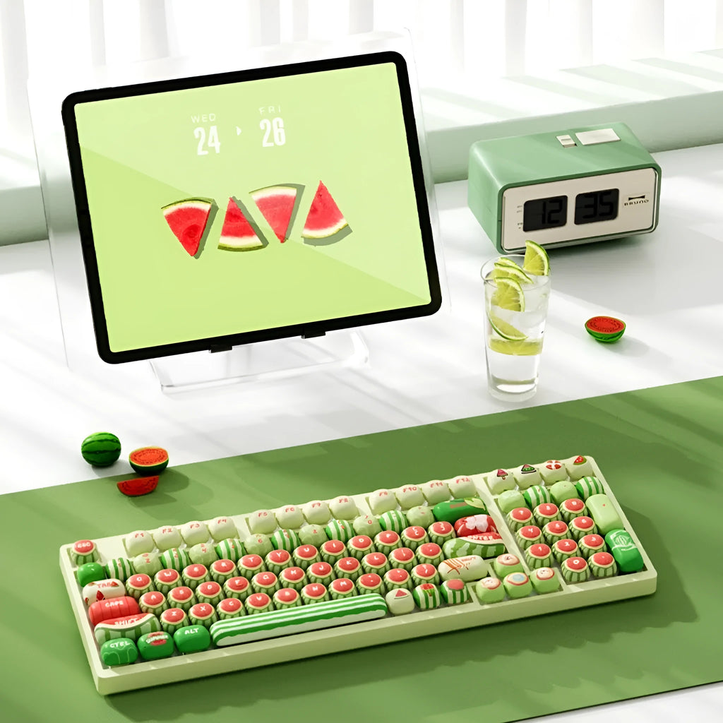 Watermelon-themed Mushroom profile PBT key caps for mechanical keyboards on a black background.