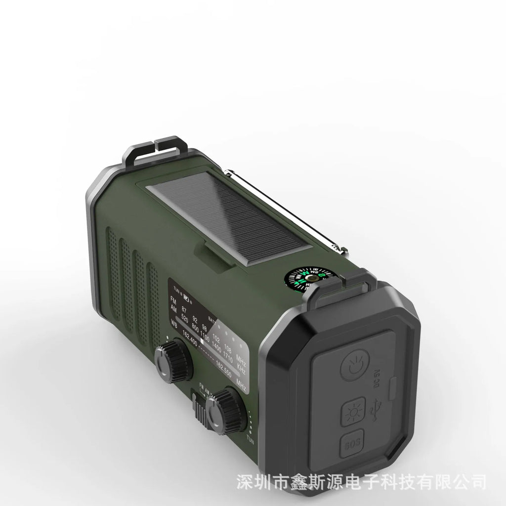 Outdoor emergency solar charging flashlight with FM/AM radio, compass, and wrist strap in army green ABS casing
