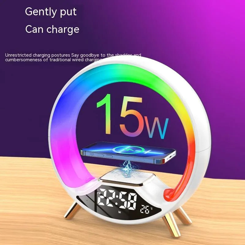 Black multifunctional table lamp with wireless charging pad, Bluetooth speaker, clock display, and adjustable LED night light.