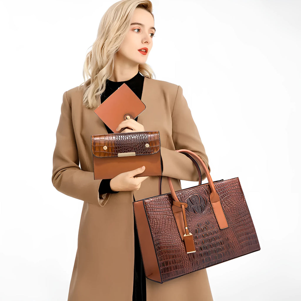 Women's three-piece shoulder bag set in crocodile pattern PU leather with adjustable straps