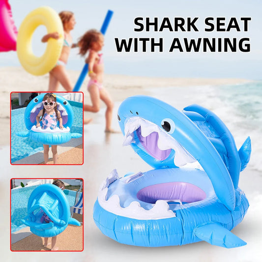 Inflatable shark seat ring for kids with sun awning, blue