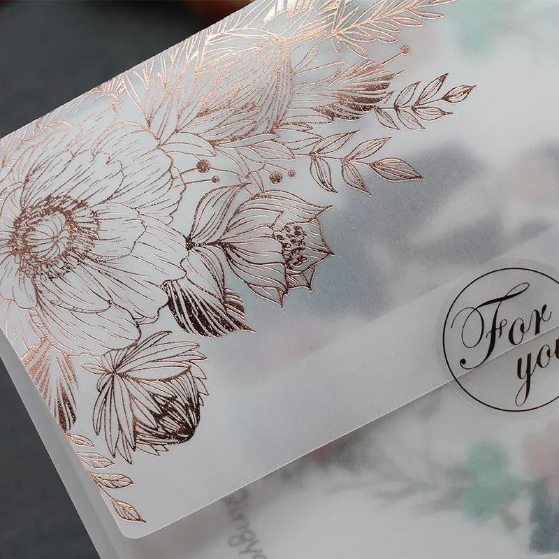 Gold and rose gold sulphuric acid paper invitation cards with bronzing matte varnish and sealing stickers